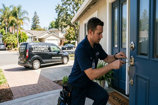 Home lockout service -- locksmith working residential front door lock