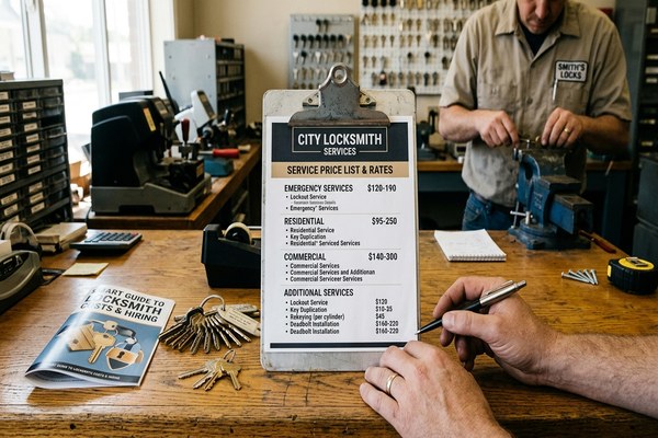 Locksmith cost breakdown showing labor, parts, and travel components